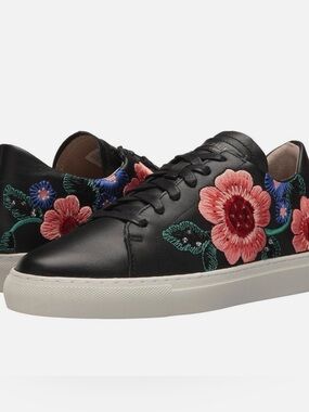 Skechers VASO PINTAR Black Leather Sneakers with Pink & Blue Floral Embroidery